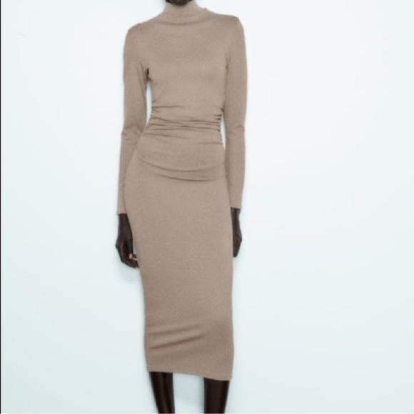 Zara Ruched Midi Dress Greige Tan Color Size Medium Mock Neck Long Sleeve - Picture 1 of 7